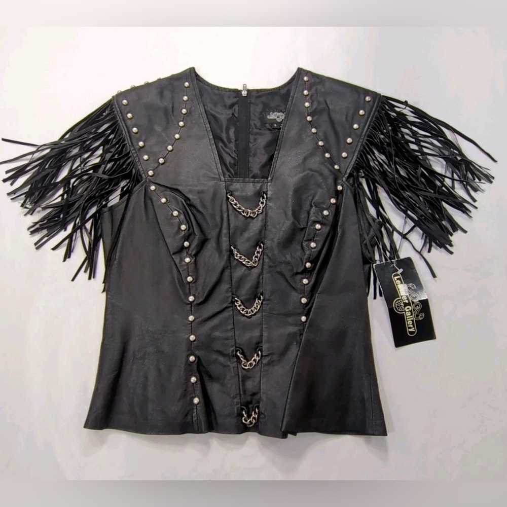 NWT Vtg Womens Size Lrg Leather Gallery Fringed Sleeveless Biker Top Motorcycle